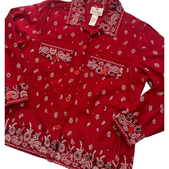 Vintage Quacker Factory Red Bandana Paisley Print Beaded Cotton Trucker Jacket - Picture 2 of 5
